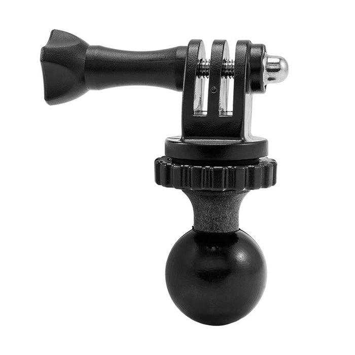 The 25mm Swivel Ball to GoPro HERO Lateral Prong Pattern Adapter for Robust™ Series, in black, features a ball mount and GoPro-style top—ideal for action camera setups, shown isolated on a white background.