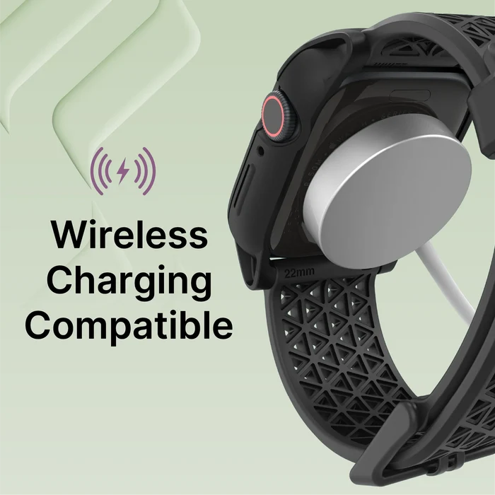 A Catalyst Case US 41mm - Rugged Case + Band for Apple Watch Series 9/8/7 in black is wirelessly charged on a magnetic charger. The light green background with abstract shapes features “Wireless Charging Compatible smartwatch†text and a purple icon.