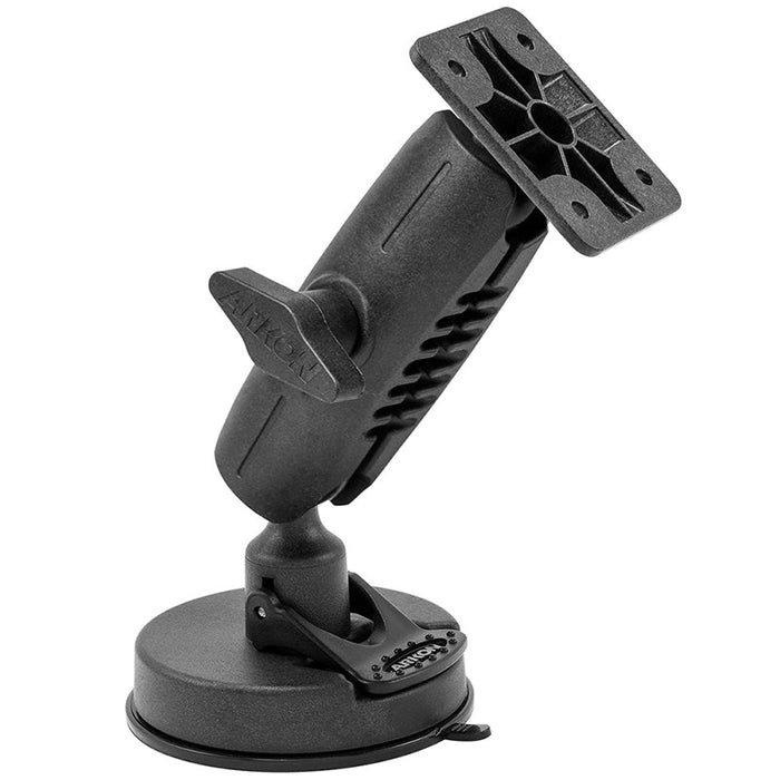 The 80mm Windshield Suction Mount with 4-Hole AMPS Head features a black heavy-duty locking lever and rectangular AMPS plate, providing secure attachment for devices to smooth surfaces.