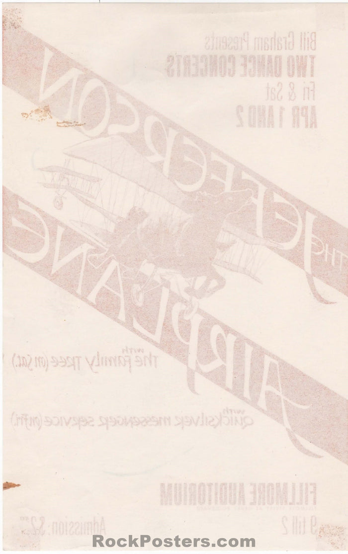 AUCTION - BG-1A - Jefferson Airplane - Quicksilver Messenger - Peter Bailey - 1966 Handbill - Fillmore Auditorium - Excellent