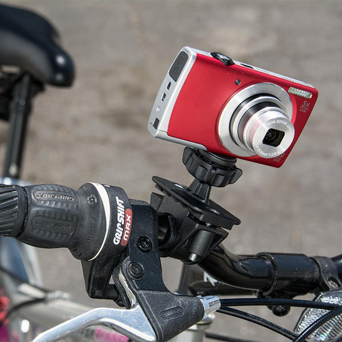 A Canon Sony Samsung Panasonic Nikon camera, mounted on handlebars with the Bike or Motorcycle Handlebar Camera Mount (1/4-20 pattern), sits next to the brake lever and grip.