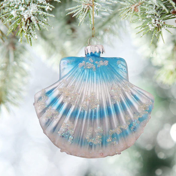 Christmas By Krebs Blown Glass Collectible Tree Ornaments (3 1/2" Blue Scallop Sea Shell)
