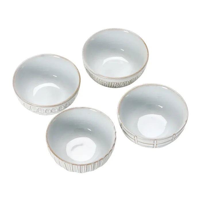 Set of four debossed stoneware soup bowls with textured white ceramic sides