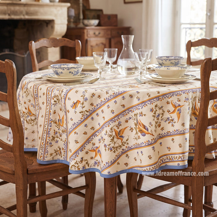 French Provencal tablecloth - Acrylic coated cotton, Spill-proof - 58" round - Moustiers blue | Tissus Toselli - Lifestyle