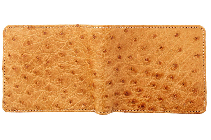 The bifold ostrich wallet shown open with the exterior visible, on a white background.