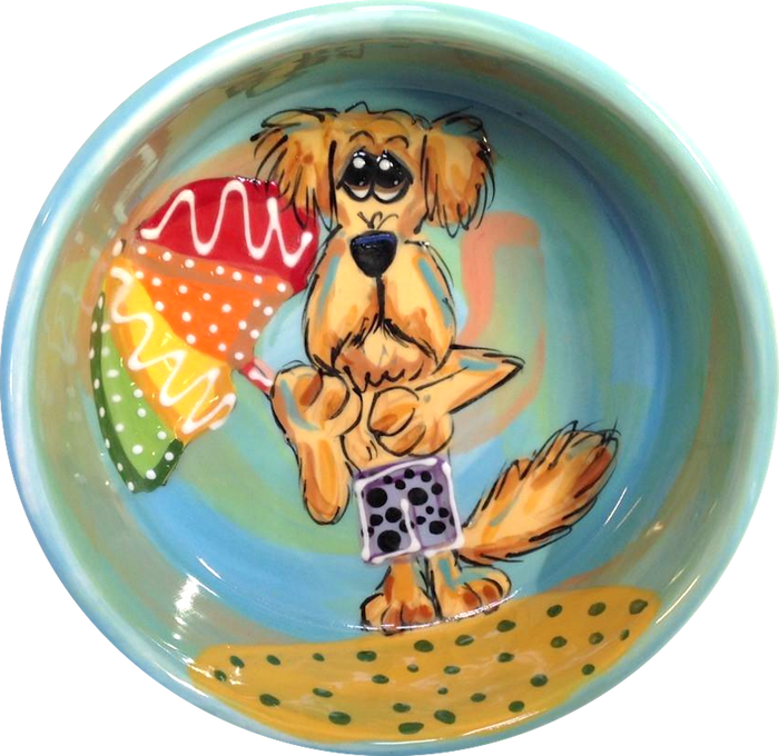 Labradoodle on the beach whimsical painting on ceramic dog bowl / Best pet bowls 2020 by Debby Carman
