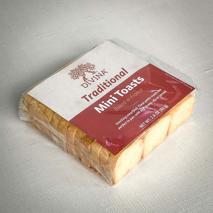 French mini toasts package by Divina, perfect for cheese and charcuterie pairings, 2.8 oz.