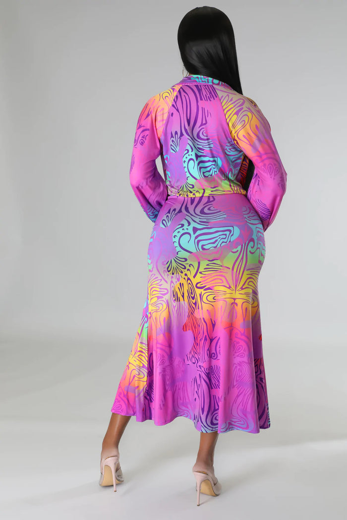 Sexy Lace up Long Sleeved Cardigan Popular Floral Print Slit Two Piece Set