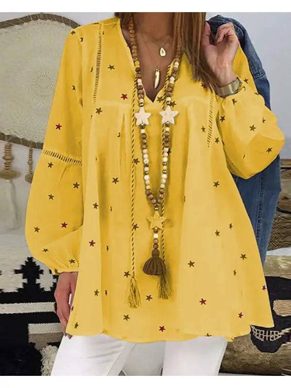 Star Print Hollowout Lantern Sleeve Top