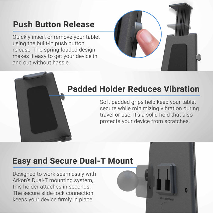 Infographic showcasing the Tablet Cup Holder Mount with Push-Button Holder - 25mm, featuring a convenient push button release for effortless operation, padded grips that minimize vibration, and a secure Dual-T mount. Text and close-up images highlight each function of this adjustable cup holder mount, making it an ideal car tablet mount solution.
