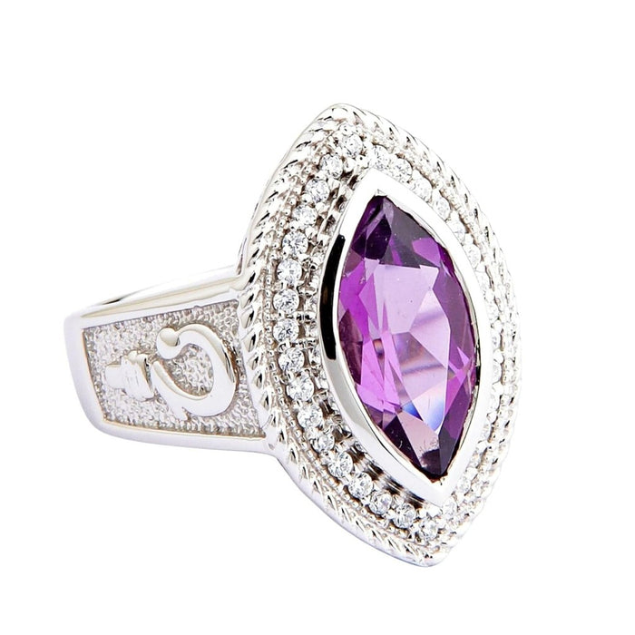 Angled left view of 925 sterling silver women's bishop ring with marquise amethyst and double-row pavé halo