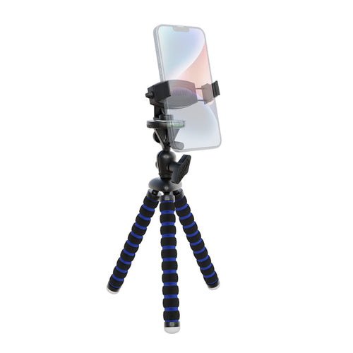 The 11 Adjustable Tripod Mount with Phone Holder features black and blue striped flexible legs and adjustable grips, offering stable and versatile mounting—perfect for content creators.