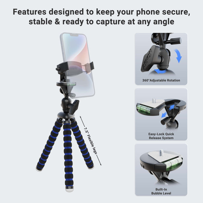 The 11 Adjustable Tripod Mount with Phone Holder features 360° rotation, an easy-lock quick release system, a built-in bubble level, bendable legs, and a secure grip—ideal for content creators.