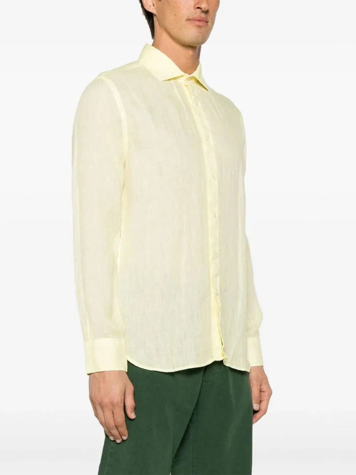 120% LINO Linen Camicia Yellow Spread Collar Linen Shirt - House Of Huntington