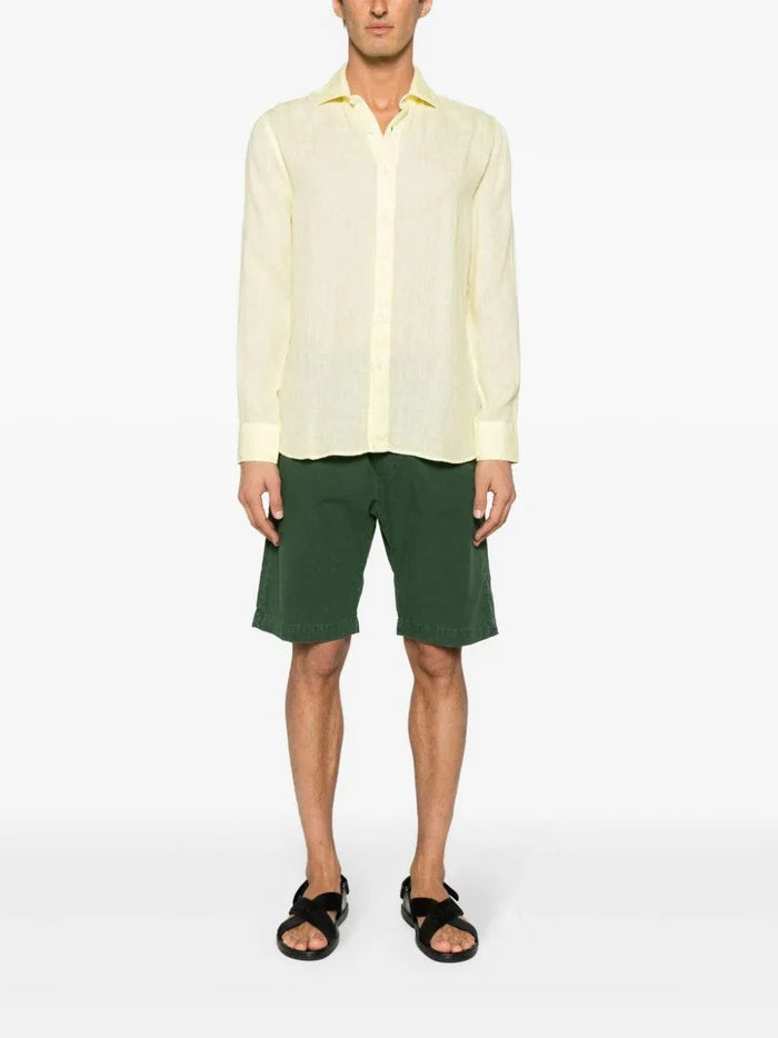 120% LINO Linen Camicia Yellow Spread Collar Linen Shirt - House Of Huntington