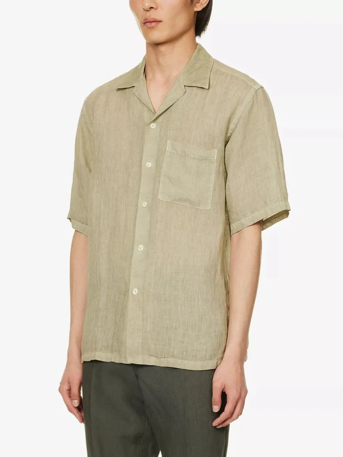 120% LINO Linen Camp Collar Camicia Sage Green Shirt - House Of Huntington