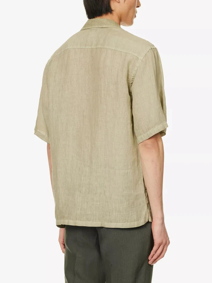 120% LINO Linen Camp Collar Camicia Sage Green Shirt - House Of Huntington