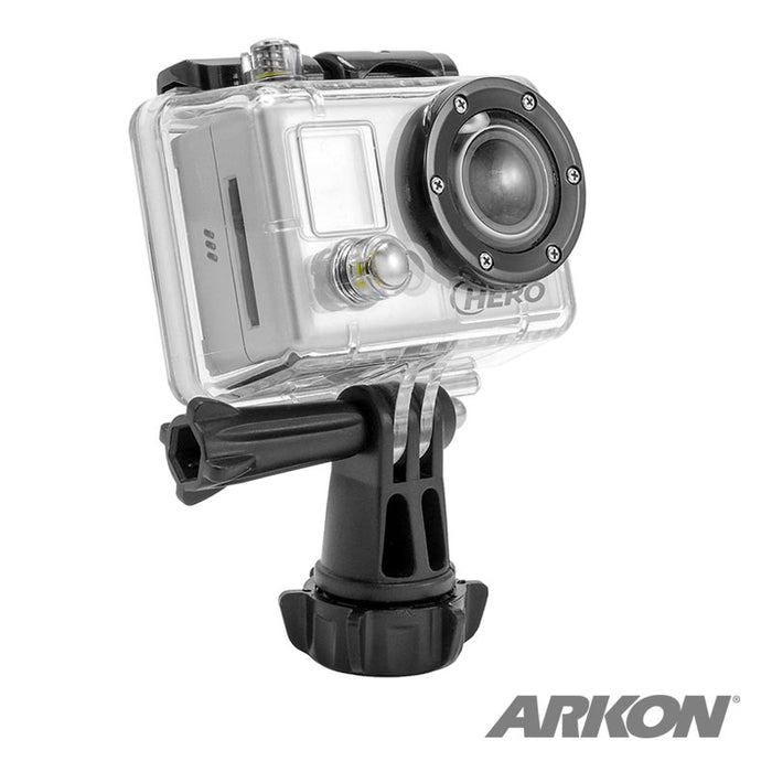 A GoPro HERO is attached to a clear waterproof case and mounted on ARKON’s 17mm Ball Mount Connection with Lateral Prong Adapter for GoPro Mounts. The ARKON logo is displayed in the lower right corner.