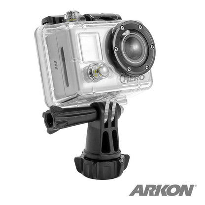 A GoPro HERO is attached to a clear waterproof case and mounted on ARKON’s 17mm Ball Mount Connection with Lateral Prong Adapter for GoPro Mounts. The ARKON logo is displayed in the lower right corner.