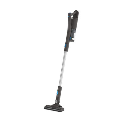 A cordless stick vacuum cleaner in a two-tone color scheme, predominantly gray and black, with a illuminated floorhead and a dust canister at the bottom.