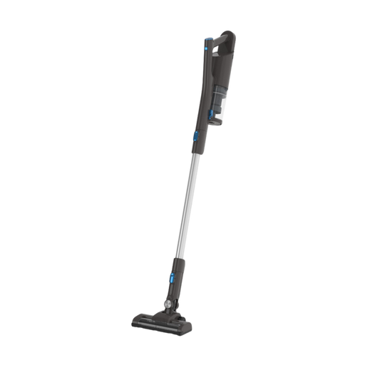A cordless stick vacuum cleaner in a two-tone color scheme, predominantly gray and black, with a illuminated floorhead and a dust canister at the bottom.
