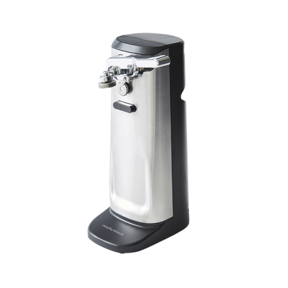 A silver and black Morphy Richards 3-in-1 Electric Tin Can Opener with knife sharpener and bottle opener features.