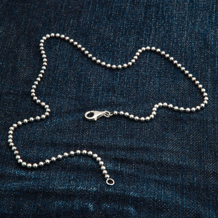 The men's 3mm silver ball necklace showing the full length.