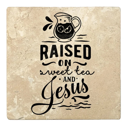 4" Absorbent Stone Religious Drink Coasters, Raised On Sweet Tea And Jesus, 2 Sets of 4, 8 Pieces - Christmas by Krebs Wholesale