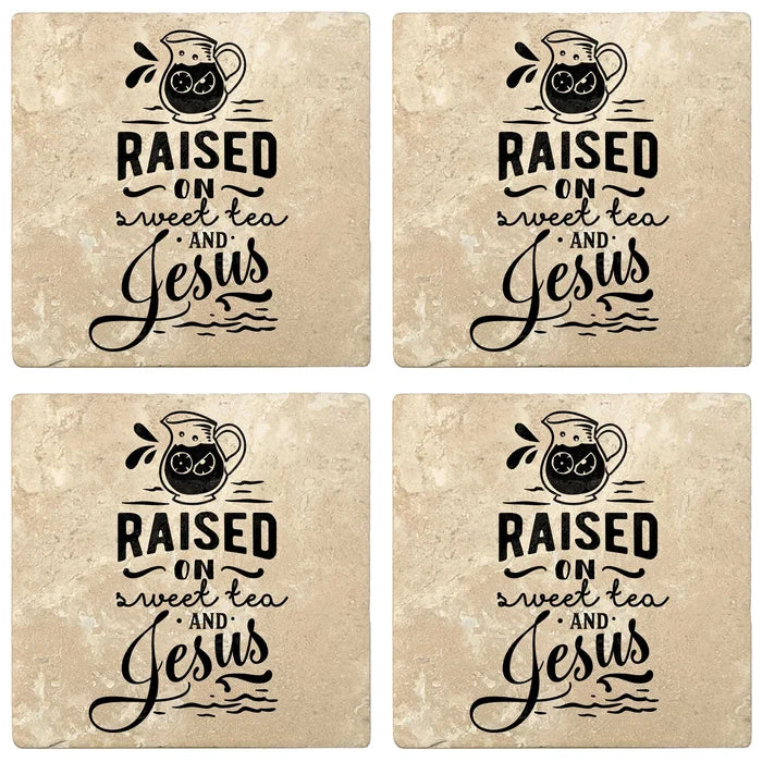 4" Absorbent Stone Religious Drink Coasters, Raised On Sweet Tea And Jesus, 2 Sets of 4, 8 Pieces - Christmas by Krebs Wholesale
