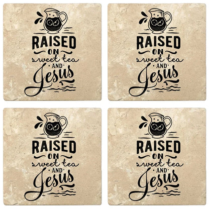 4" Absorbent Stone Religious Drink Coasters, Raised On Sweet Tea And Jesus, 2 Sets of 4, 8 Pieces - Christmas by Krebs Wholesale