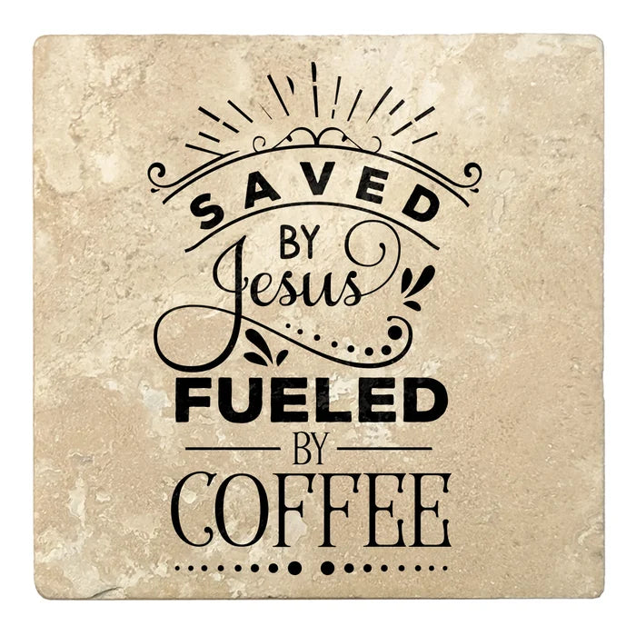 4" Absorbent Stone Religious Drink Coasters, Saved By Jesus, Fueled By Coffee, 2 Sets of 4, 8 Pieces - Christmas by Krebs Wholesale