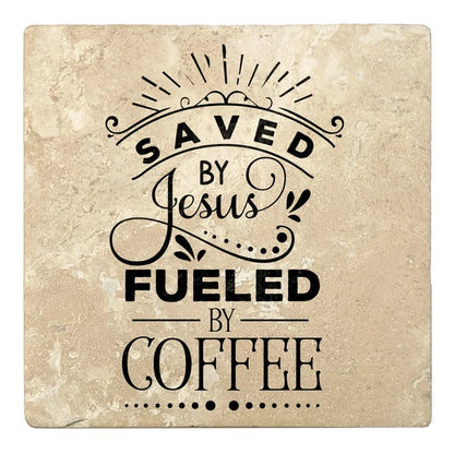 4" Absorbent Stone Religious Drink Coasters, Saved By Jesus, Fueled By Coffee, 2 Sets of 4, 8 Pieces - Christmas by Krebs Wholesale