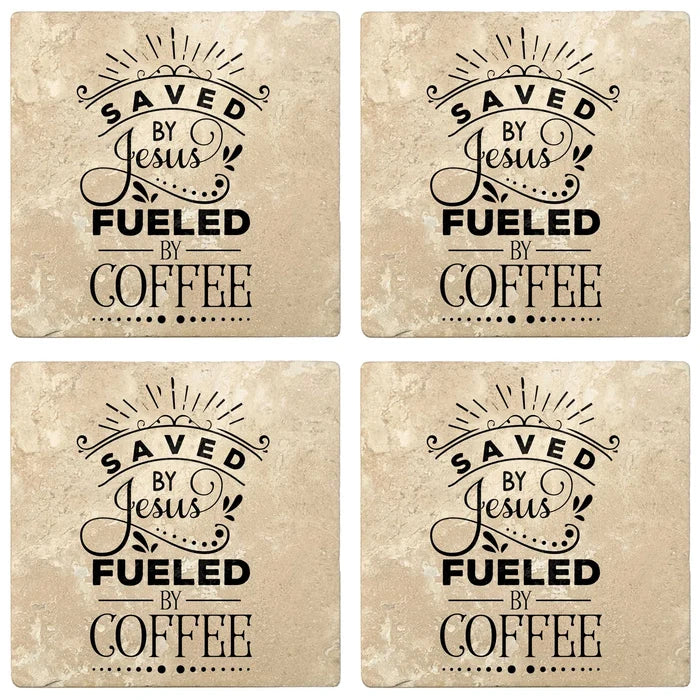 4" Absorbent Stone Religious Drink Coasters, Saved By Jesus, Fueled By Coffee, 2 Sets of 4, 8 Pieces - Christmas by Krebs Wholesale