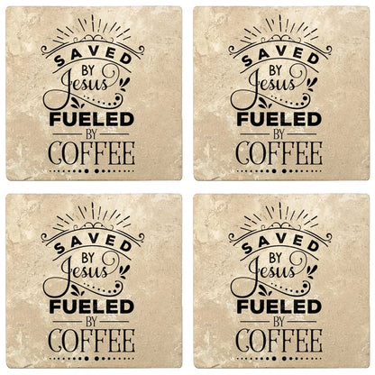 4" Absorbent Stone Religious Drink Coasters, Saved By Jesus, Fueled By Coffee, 2 Sets of 4, 8 Pieces - Christmas by Krebs Wholesale