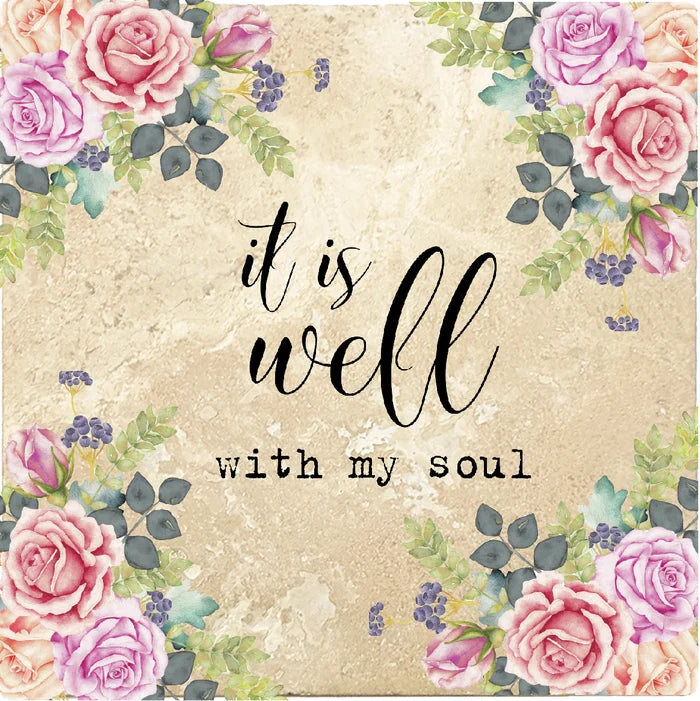 4 inch Square Travertine Religious Gift Coasters It Is Well With My Soul, 2 Sets of 4, 8 Pieces - Christmas by Krebs Wholesale