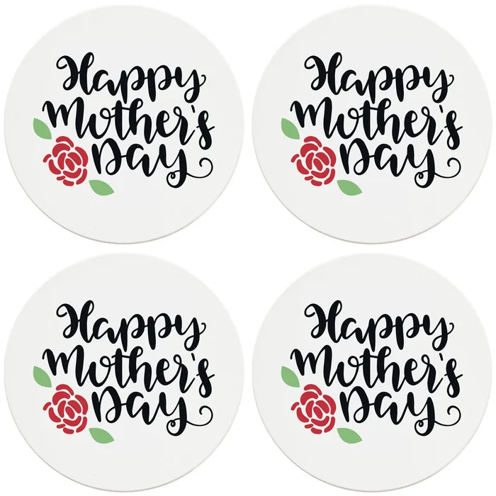 4" Round Ceramic Coasters - Happy Mothers Day with Rose, 4/Box, 2/Case, 8 Pieces - Christmas by Krebs Wholesale