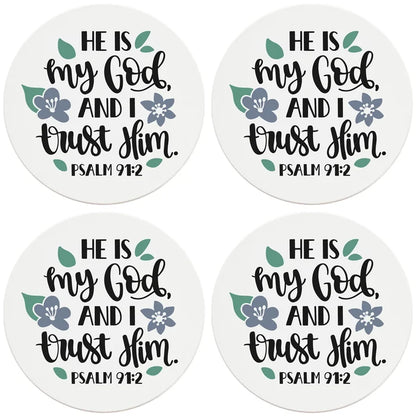 4" Round Ceramic Coasters - He Is My God And I Trust Him, 4/Box, 2/Case, 8 Pieces - Christmas by Krebs Wholesale