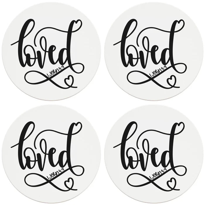 4" Round Ceramic Coasters - Loved, 4/Box, 2/Case, 8 Pieces - Christmas by Krebs Wholesale