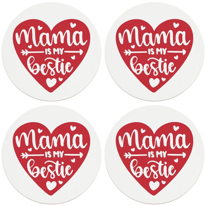 4" Round Ceramic Coasters - Mama  Is My Bestie Heart, 4/Box, 2/Case, 8 Pieces - Christmas by Krebs Wholesale