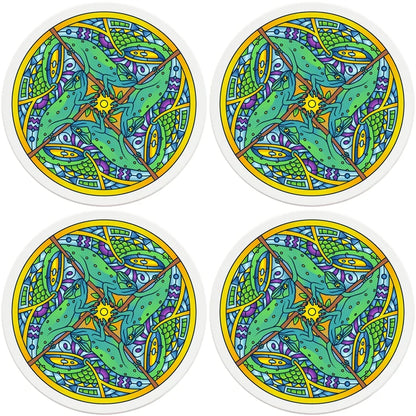 4" Round Ceramic Coasters - Mandala Chameleon, 4/Box, 2/Case, 8 Pieces - Christmas by Krebs Wholesale