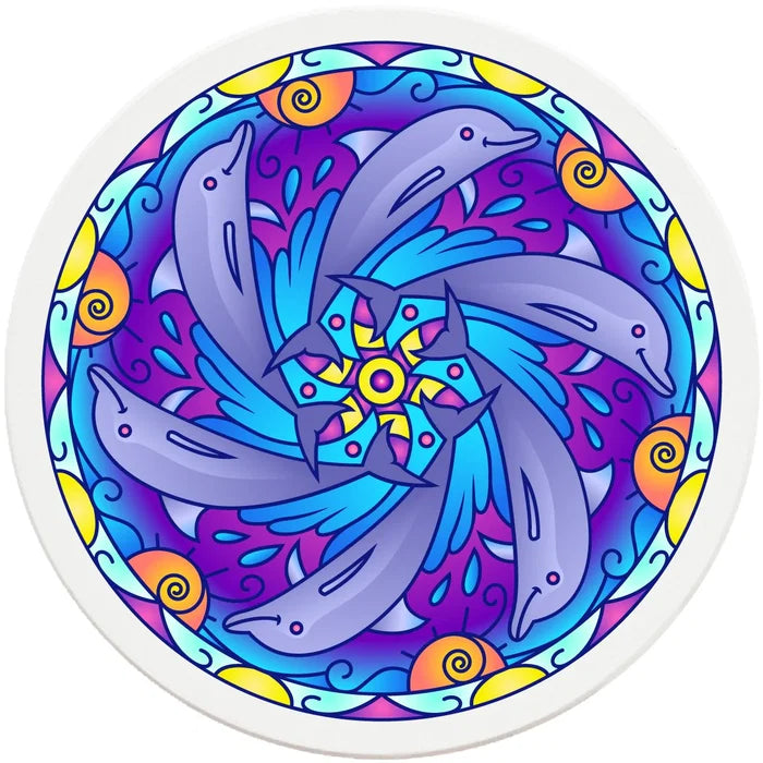 4" Round Ceramic Coasters - Mandala Dolphin, 4/Box, 2/Case, 8 Pieces - Christmas by Krebs Wholesale