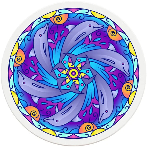 4" Round Ceramic Coasters - Mandala Dolphin, 4/Box, 2/Case, 8 Pieces - Christmas by Krebs Wholesale