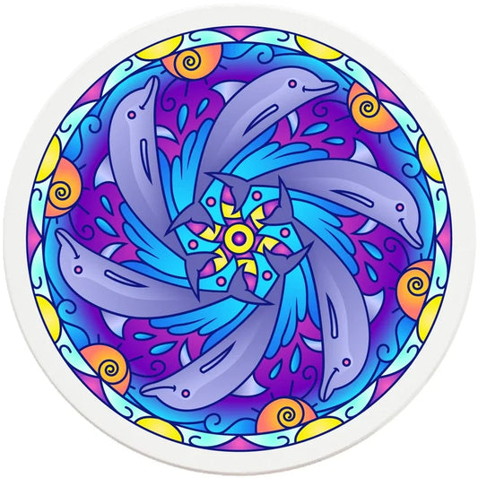 4" Round Ceramic Coasters - Mandala Dolphin, 4/Box, 2/Case, 8 Pieces - Christmas by Krebs Wholesale