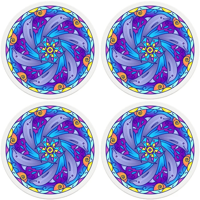 4" Round Ceramic Coasters - Mandala Dolphin, 4/Box, 2/Case, 8 Pieces - Christmas by Krebs Wholesale