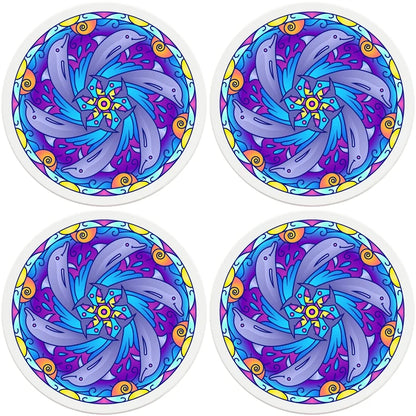 4" Round Ceramic Coasters - Mandala Dolphin, 4/Box, 2/Case, 8 Pieces - Christmas by Krebs Wholesale