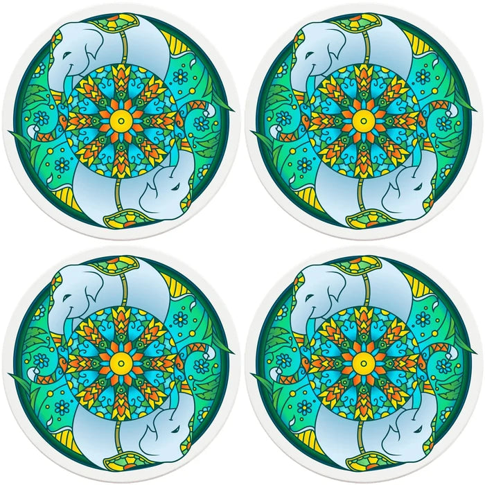 4" Round Ceramic Coasters - Mandala Elephant, 4/Box, 2/Case, 8 Pieces - Christmas by Krebs Wholesale