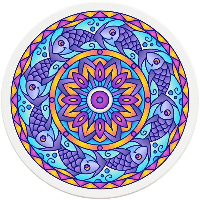 4" Round Ceramic Coasters - Mandala Fish, 4/Box, 2/Case, 8 Pieces - Christmas by Krebs Wholesale