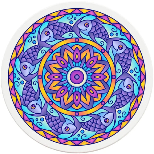 4" Round Ceramic Coasters - Mandala Fish, 4/Box, 2/Case, 8 Pieces - Christmas by Krebs Wholesale