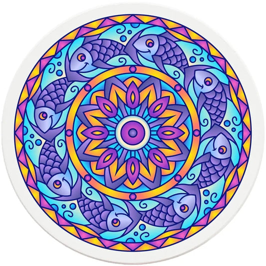 4" Round Ceramic Coasters - Mandala Fish, 4/Box, 2/Case, 8 Pieces - Christmas by Krebs Wholesale