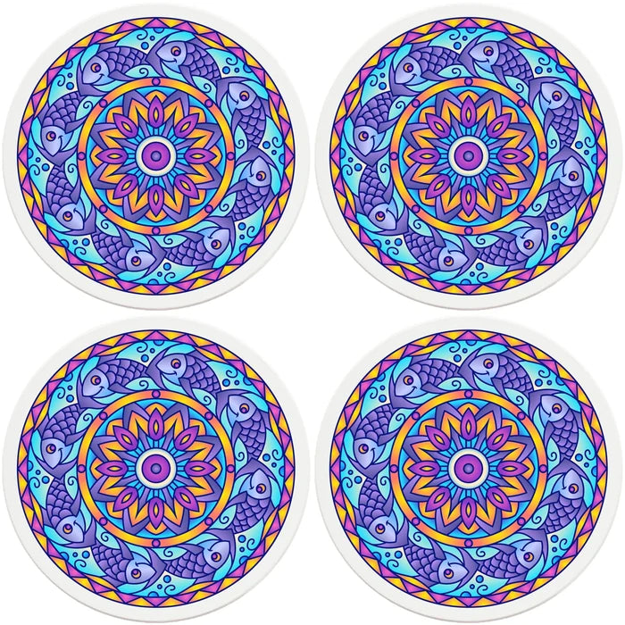 4" Round Ceramic Coasters - Mandala Fish, 4/Box, 2/Case, 8 Pieces - Christmas by Krebs Wholesale